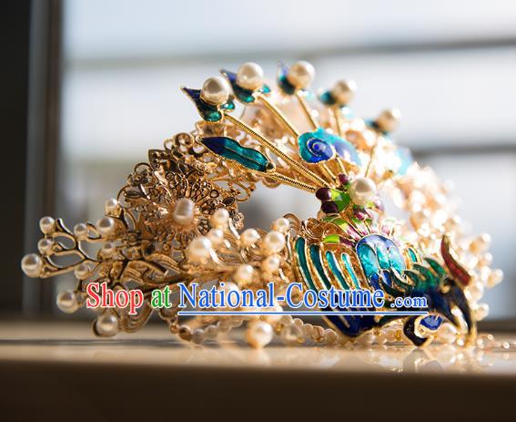 China Ming Dynasty Wedding Blueing Phoenix Hair Crown Traditional Hanfu Hair Accessories Ancient Court Hairpin