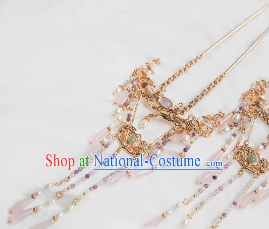 China Ming Dynasty Golden Phoenix Tassel Step Shake Hair Clip Traditional Hanfu Hair Accessories Ancient Court Lady Hairpin