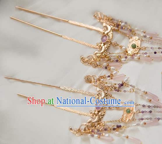 China Ming Dynasty Golden Phoenix Tassel Step Shake Hair Clip Traditional Hanfu Hair Accessories Ancient Court Lady Hairpin