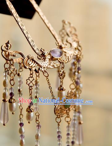 China Ming Dynasty Golden Phoenix Tassel Step Shake Hair Clip Traditional Hanfu Hair Accessories Ancient Court Lady Hairpin