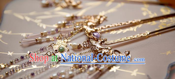 China Ming Dynasty Golden Phoenix Tassel Step Shake Hair Clip Traditional Hanfu Hair Accessories Ancient Court Lady Hairpin