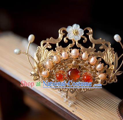 China Ming Dynasty Pearls Hair Crown Traditional Hanfu Hair Accessories Ancient Court Lady Agate Golden Hairpin