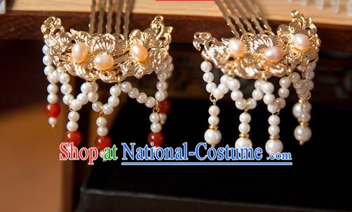 China Ming Dynasty Pearls Hairpin Traditional Hanfu Hair Accessories Ancient Court Lady Golden Hair Combs