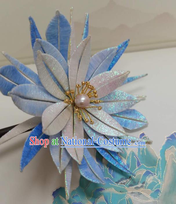 China Qing Dynasty Blue Silk Epiphyllum Hairpin Traditional Hanfu Hair Accessories Ancient Court Woman Hair Clip