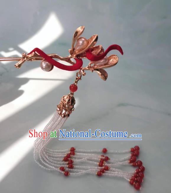 China Traditional Hanfu Hair Accessories Ming Dynasty Red Beads Tassel Hairpin Ancient Court Woman Mangnolia Hair Clip