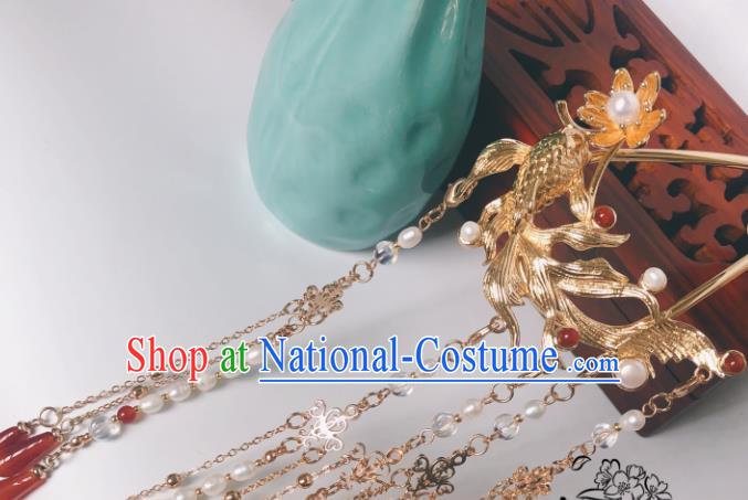 China Ming Dynasty Agate Tassel Hair Stick Traditional Hanfu Hair Accessories Ancient Princess Golden Fish Hairpin