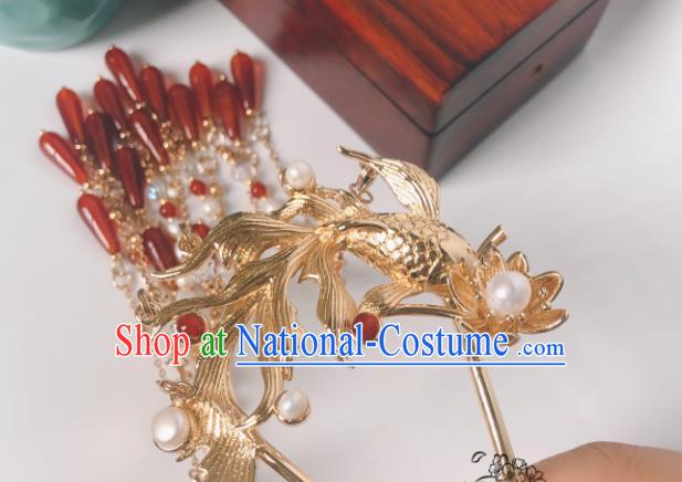 China Ming Dynasty Agate Tassel Hair Stick Traditional Hanfu Hair Accessories Ancient Princess Golden Fish Hairpin