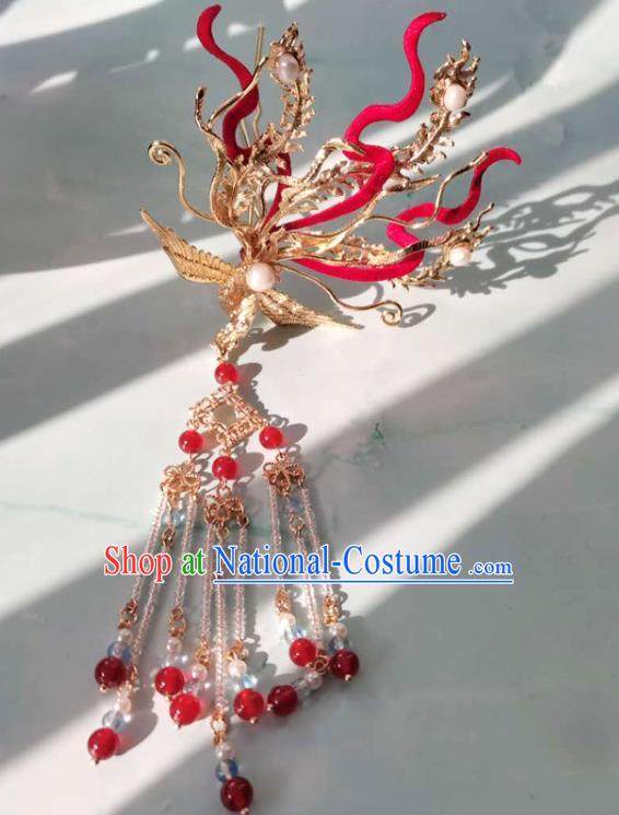 China Ming Dynasty Tassel Hairpin Ancient Court Woman Golden Phoenix Hair Crown Traditional Hanfu Hair Accessories