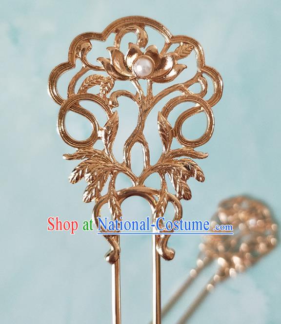 China Tang Dynasty Palace Lady Golden Lotus Hair Stick Ancient Court Woman Hairpins Traditional Hanfu Hair Accessories