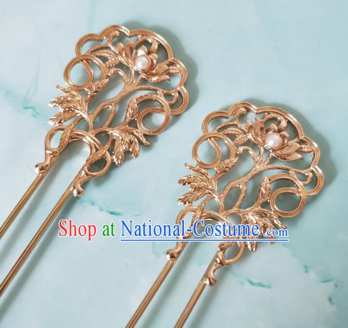 China Tang Dynasty Palace Lady Golden Lotus Hair Stick Ancient Court Woman Hairpins Traditional Hanfu Hair Accessories