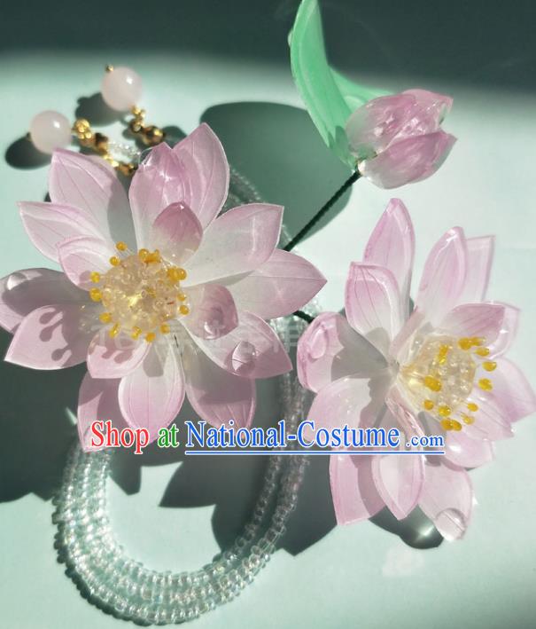 China Ming Dynasty Pink Lotus Hair Stick Traditional Hanfu Hair Accessories Ancient Princess Tassel Hairpins