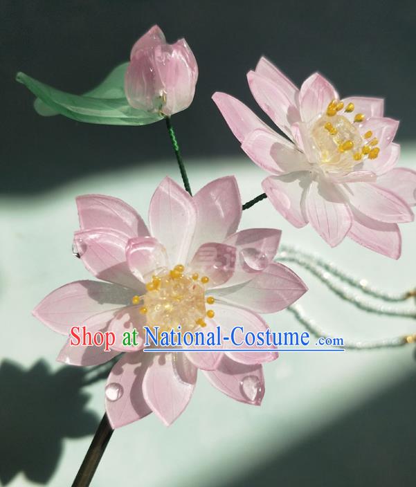 China Ming Dynasty Pink Lotus Hair Stick Traditional Hanfu Hair Accessories Ancient Princess Tassel Hairpins