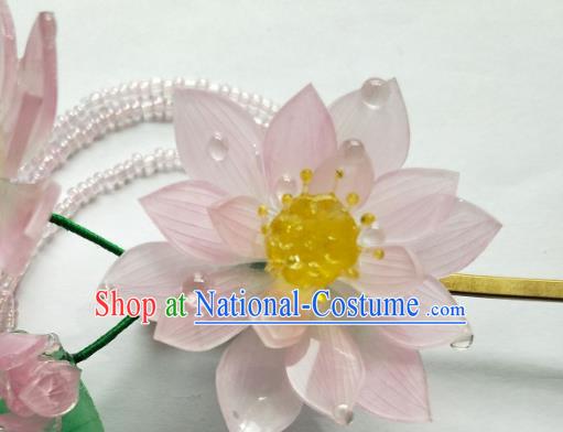 China Ming Dynasty Pink Lotus Hair Stick Traditional Hanfu Hair Accessories Ancient Princess Tassel Hairpins