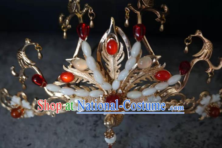 China Ming Dynasty Phoenix Hair Crown Traditional Hanfu Agate Hair Accessories Ancient Princess Hairpins