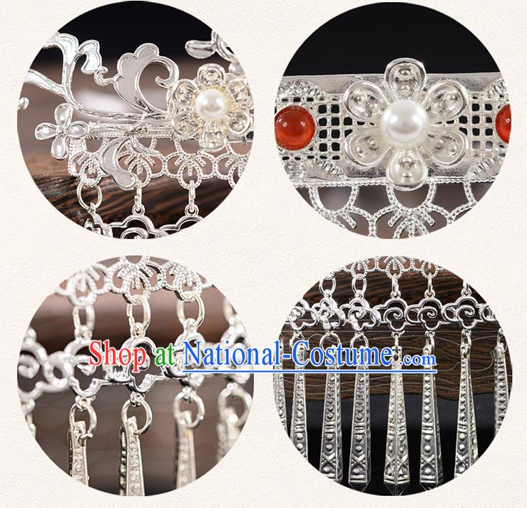 China Tang Dynasty Argent Tassel Hair Crown Traditional Hanfu Hair Accessories Ancient Princess Hairpins