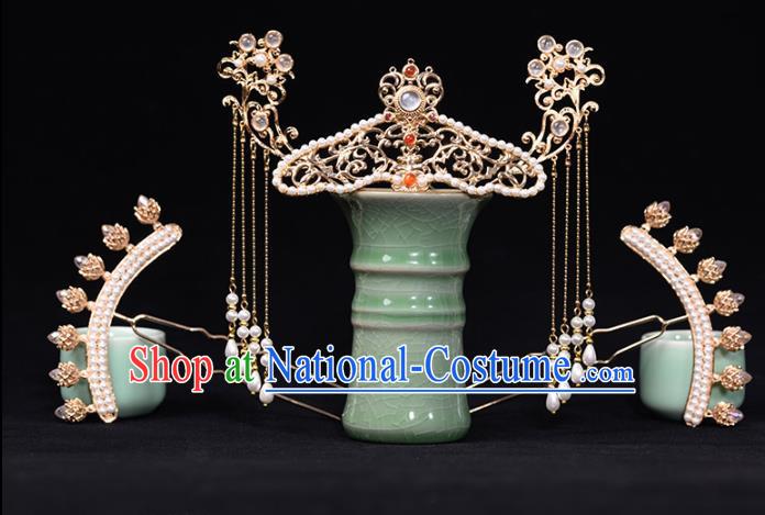 China Ancient Empress Hair Crown Hairpins Traditional Hanfu Hair Accessories Ming Dynasty Imperial Concubine Tassel Step Shake