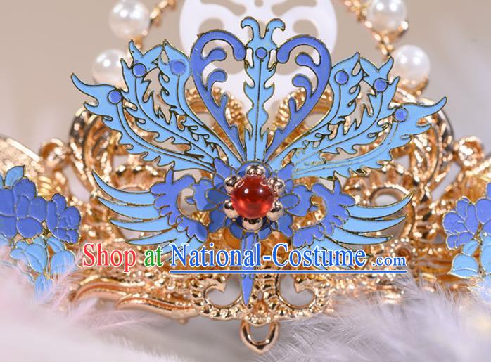 China Ancient Imperial Consort Phoenix Coronet Hairpins Traditional Hanfu Qing Dynasty Court Lady Blueing Hair Accessories