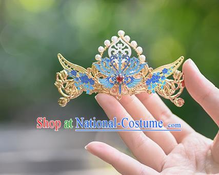 China Ancient Imperial Consort Phoenix Coronet Hairpins Traditional Hanfu Qing Dynasty Court Lady Blueing Hair Accessories