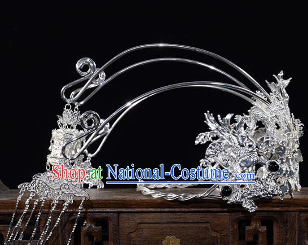 China Ancient Princess Phoenix Coronet Hairpins Traditional Hanfu Tang Dynasty Hair Accessories Argent Crane Hair Crown