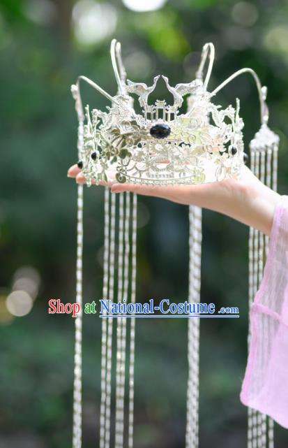 China Ancient Princess Phoenix Coronet Hairpins Traditional Hanfu Tang Dynasty Hair Accessories Argent Crane Hair Crown