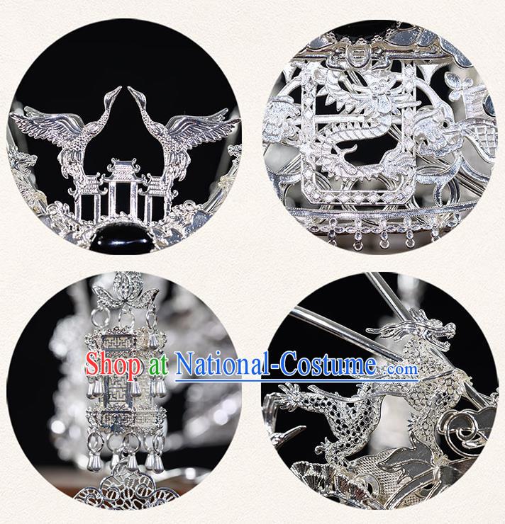 China Ancient Princess Phoenix Coronet Hairpins Traditional Hanfu Tang Dynasty Hair Accessories Argent Crane Hair Crown