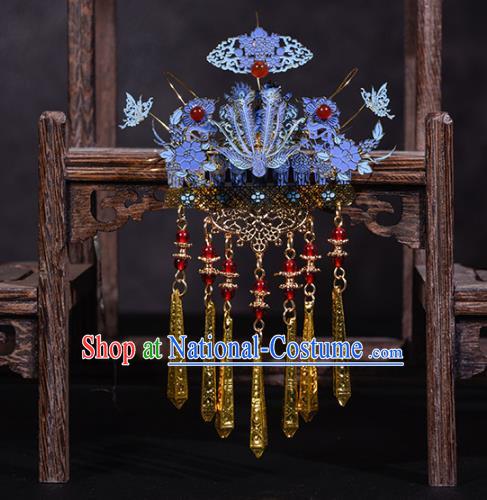 China Ancient Imperial Consort Phoenix Coronet Traditional Hanfu Qing Dynasty Hair Accessories Blueing Hair Comb Hairpins