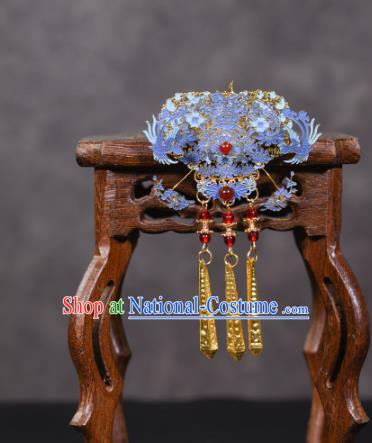 China Ancient Imperial Consort Hairpins Traditional Hanfu Qing Dynasty Hair Accessories Blueing Phoenix Hair Comb