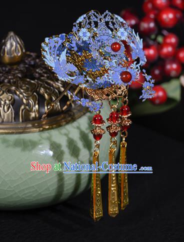 China Ancient Imperial Consort Hairpins Traditional Hanfu Qing Dynasty Hair Accessories Blueing Phoenix Hair Comb