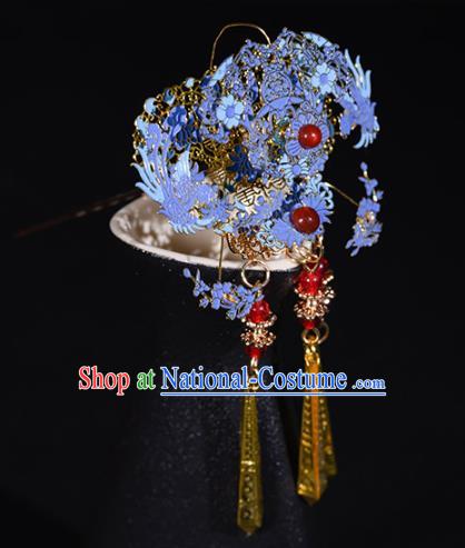 China Ancient Imperial Consort Hairpins Traditional Hanfu Qing Dynasty Hair Accessories Blueing Phoenix Hair Comb