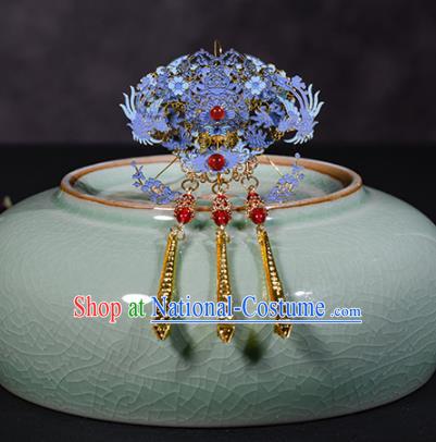 China Ancient Imperial Consort Hairpins Traditional Hanfu Qing Dynasty Hair Accessories Blueing Phoenix Hair Comb