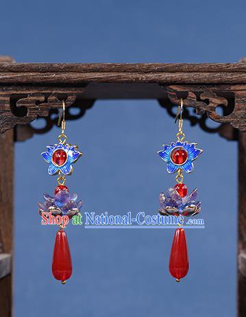 Chinese Classical Blueing Lotus Earrings Traditional Qing Dynasty Jewelry Ornaments Handmade Ancient Empress Ear Accessories