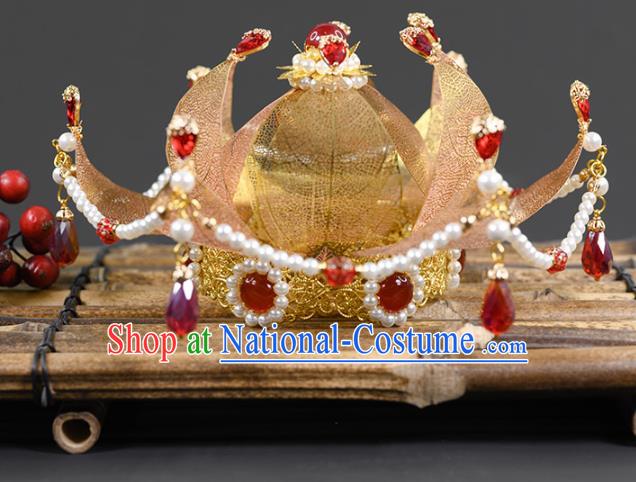 China Ancient Palace Lady Pearls Hairpin Traditional Hanfu Tang Dynasty Hair Accessories Golden Lotus Hair Crown