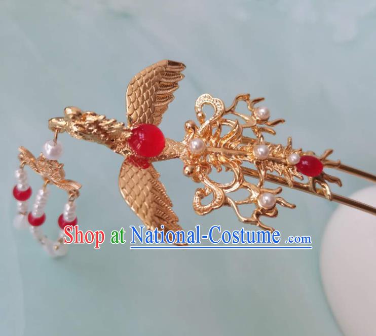 China Ming Dynasty Golden Phoenix Hairpin Ancient Court Woman Hair Crown Traditional Hanfu Hair Accessories Hair Stick