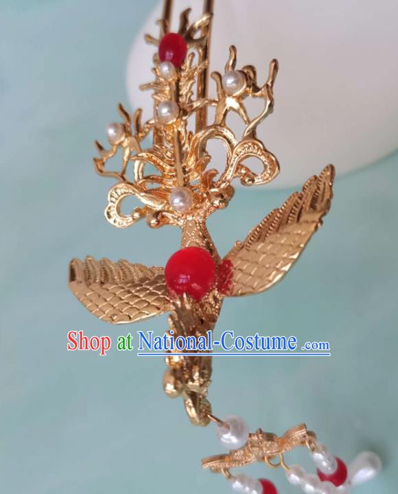 China Ming Dynasty Golden Phoenix Hairpin Ancient Court Woman Hair Crown Traditional Hanfu Hair Accessories Hair Stick