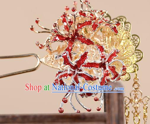 China Ancient Princess Manjusaka Hair Stick Traditional Hanfu Ming Dynasty Hair Accessories Golden Bells Tassel Hairpin