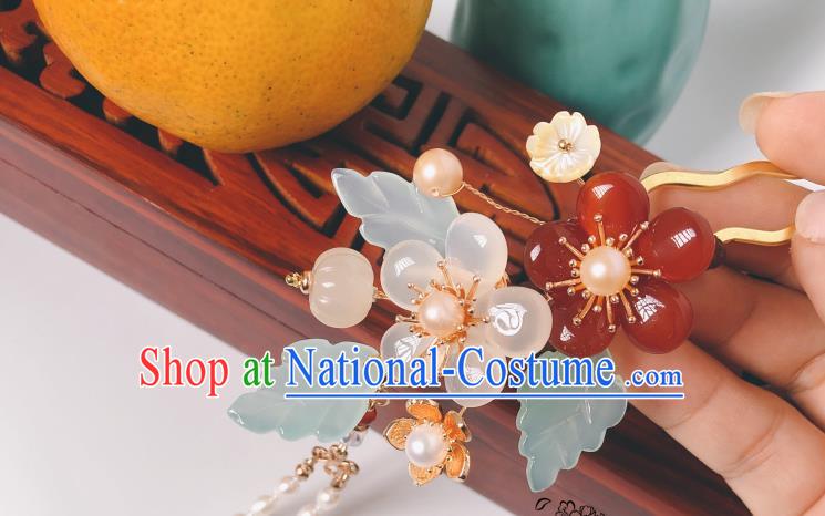 China Hanfu Hair Stick Traditional Ancient Princess Pearls Tassel Hairpin Agate Plum Blossom Hair Accessories