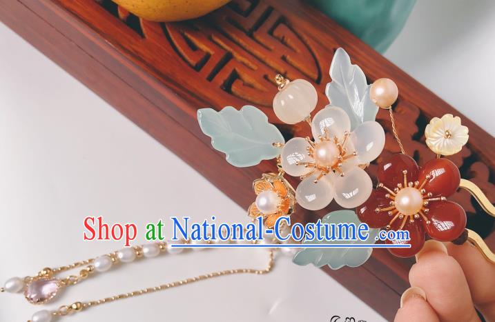 China Hanfu Hair Stick Traditional Ancient Princess Pearls Tassel Hairpin Agate Plum Blossom Hair Accessories