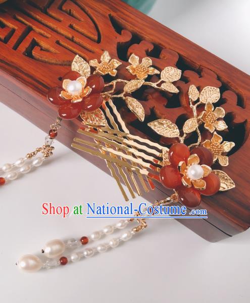 China Hanfu Hair Accessories Traditional Ancient Princess Pearls Tassel Hairpin Agate Plum Blossom Hair Comb