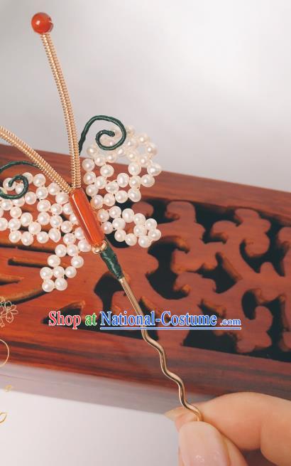 China Hanfu Pearls Butterfly Hair Accessories Traditional Ancient Princess Agate Hairpin Song Dynasty Hair Stick