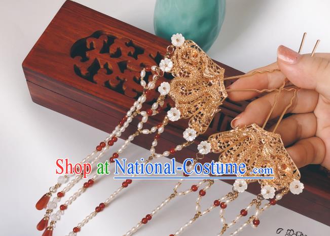 China Traditional Ancient Empress Pearls Tassel Hairpin Golden Dragon Hair Sticks Ming Dynasty Hanfu Hair Accessories