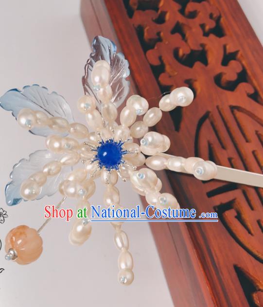 China Traditional Pearls Chrysanthemum Hair Stick Ancient Princess Hairpin Qing Dynasty Court Hair Accessories