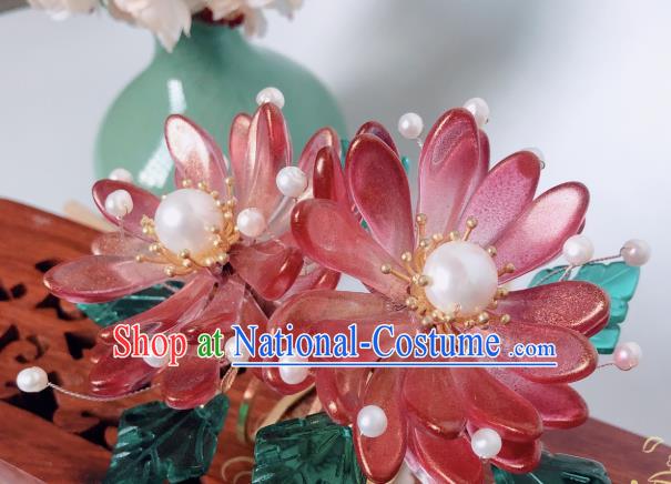 China Song Dynasty Princess Red Chrysanthemum Hair Comb Traditional Hanfu Hair Accessories Ancient Court Hairpin