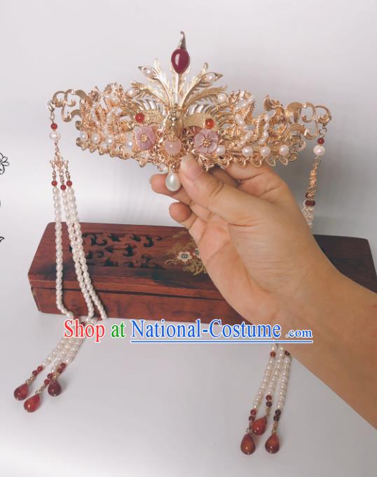 China Ming Dynasty Phoenix Coronet Traditional Hanfu Hairpin Hair Accessories Ancient Court Empress Pearls Tassel Hair Crown