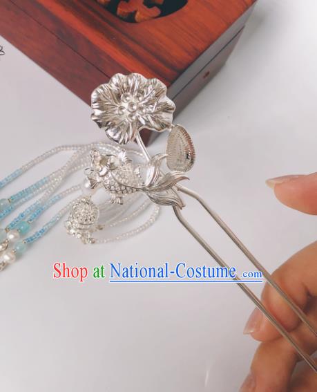 China Ming Dynasty Argent Lotus Fish Hair Stick Traditional Hanfu Hair Accessories Ancient Court Empress Beads Tassel Hairpin