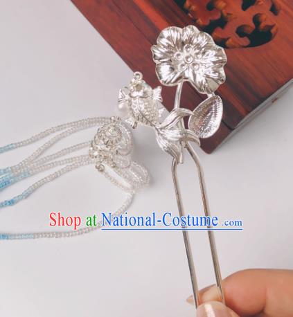 China Ming Dynasty Argent Lotus Fish Hair Stick Traditional Hanfu Hair Accessories Ancient Court Empress Beads Tassel Hairpin