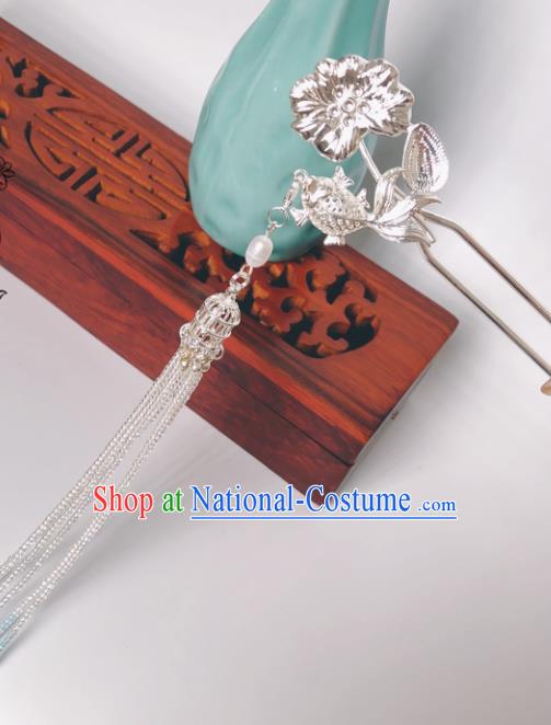 China Ming Dynasty Argent Lotus Fish Hair Stick Traditional Hanfu Hair Accessories Ancient Court Empress Beads Tassel Hairpin