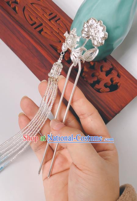 China Ming Dynasty Argent Lotus Fish Hair Stick Traditional Hanfu Hair Accessories Ancient Court Empress Beads Tassel Hairpin