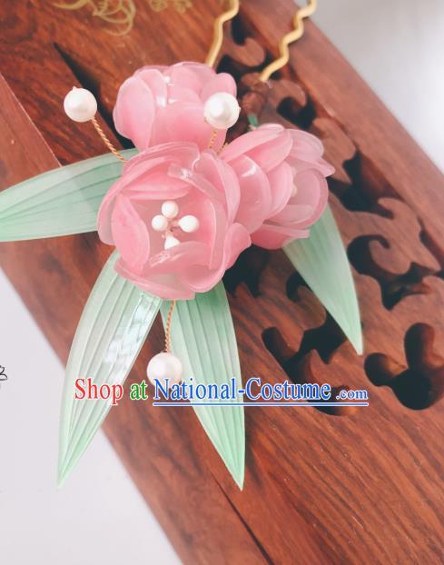 China Ming Dynasty Young Lady Hair Stick Traditional Hanfu Hair Accessories Ancient Princess Pink Begonia Hairpin