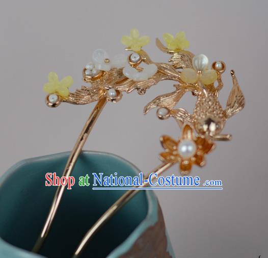 China Ming Dynasty Golden Fish Lotus Hairpin Classical Cheongsam Hair Stick Traditional Hair Accessories