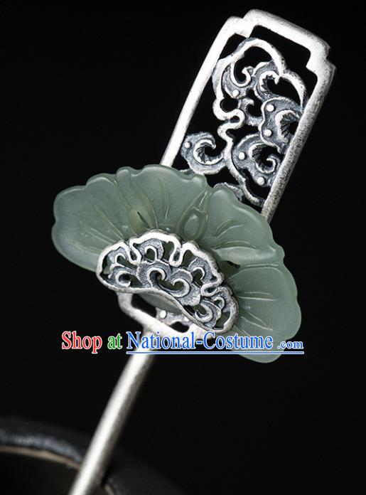 China Handmade Silver Carving Hairpin Traditional Hair Accessories Classical Cheongsam Jade Hair Stick